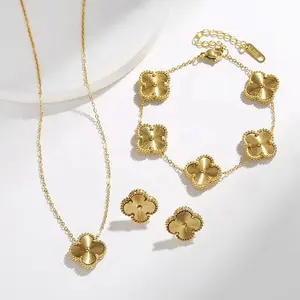 Personality temperament four leaf clover necklace Vacuum Gold Plating Personality Stainless Steel Necklace Set for Women
