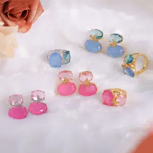 Butterfly Luxury Pink Diamond Colored Gems Oval Ring Earrings Sea Blue Colored Gems Ornament Suit Women