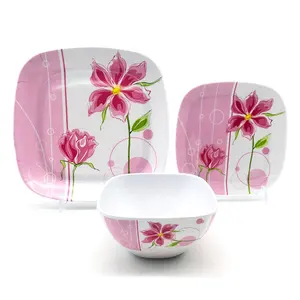 Wholesale Pink Tulip Flowers Design Plastic Melamine Pizza Square Serving Plate Set