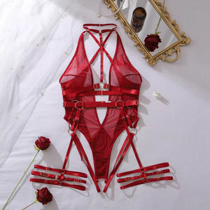 Conjunto de lencería de una pieza con cuello halter de múltiples correas, malla transparente, entrepierna abierta, cadena de metal, 3 piezas, lencería sexy y fina. - Product Image 4