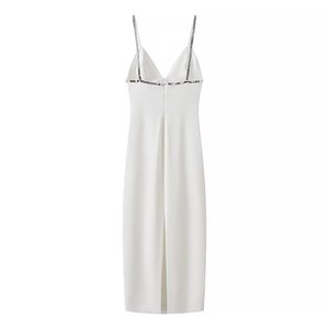 Abiti da <span class=keywords><strong>donna</strong></span> senza maniche Sexy con scollo a V a metà Modulare elegante abito Midi con finiture in diamanti <span class=keywords><strong>bianchi</strong></span> abito da sera da festa - Product Image 2