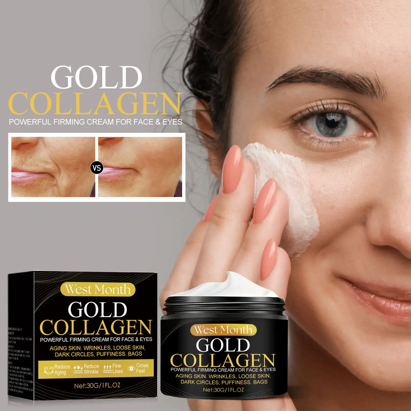 Creme facial de colágeno ouro anti-rugas hidratante natural para pele de marca própria, reparador e suavizante de linhas finas