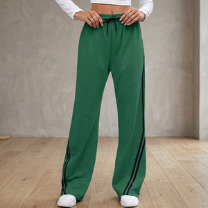 Pantalones de chándal de punto verdes para mujer, de pierna ancha, cintura alta, con cordón, color liso, con raya lateral, ajuste holgado, largos - Product Image 1
