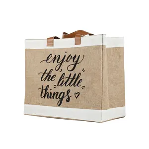 Wholesale cheap hot sale Reusable custom logo printed grocery shopping with leather handle large hemp burlap tote jute bag