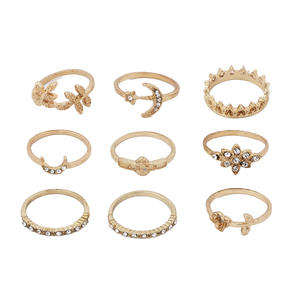 Conjuntos de Joyería de Moda, 9 Piezas, Anillos de Cristal Chapados en Oro, Corona, Luna, Estrella, Flor, Hoja, Palabra de Bebé, Joyería de Fiesta para Mujer - Product Image 5