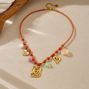 Cross Border Summer Square Hollow Heart Flower Dog Paw Pendant Necklace Zinc Alloy DIY Colored Rope Knotted Gift Jewelry - Product Image 3