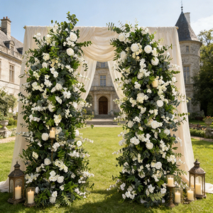 Arco Floral Decorativo Moderno y Lujoso para Bodas con Flores Artificiales, <span class=keywords><strong>Rosas</strong></span> Blancas y Plantas Verdes, Arco Floral de Dos Piezas - Product Image 1