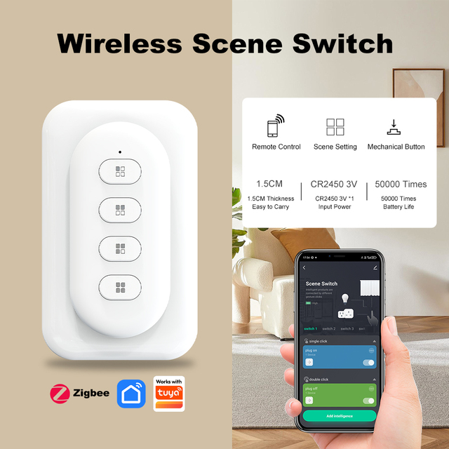 Zigbee 4 Gang Scene Switch Single/Double/Long Press 4 Gang 12 Scenes Wireless Battery Powered Remote Control for Tuya Device