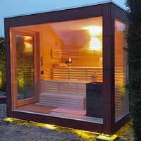 Sauna de madera maciza eléctrica moderna de alta gama para exteriores, con panel de control por computadora, ventanas de travesaño y cabina de vapor de madera de hemlock.