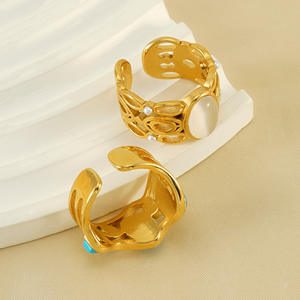 Anillo de ópalo turquesa de piedra natural con relleno de oro de acero inoxidable Vintage para mujer, anillo delicado Retro chapado en oro de 18 quilates con borde cruzado - Product Image 3