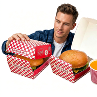 Boîte à hamburger à carreaux rouges et blancs, personnalisée, en papier jetable, pour emporter, emballage pour restauration rapide