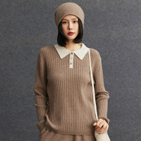 Damen Kaschmir-Pullover mit Polokragen Einfacher Preppy-Stil Lässiger Einfarbiger Pullover mit Umlegekragen aus Kaschmir mit Individuellem Logo