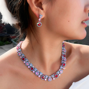 <span class=keywords><strong>Collana</strong></span> glamour e orecchini di forma ovale abbagliante zirconi cubici blu rosso <span class=keywords><strong>rosa</strong></span> grande Set di gioielli Multicolor per banchetti da donna - Product Image 6