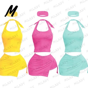 2026 Custom Logo Summer Clothes for Women Cotton Crop Halter Lace up <strong>Tops</strong> and Skirt Shorts Sets Two Piece Set Women Clothing - Product Image 5