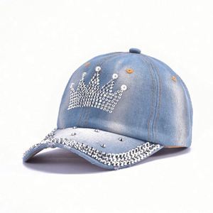 หมวกเบสบอลแบบ 6 แผง ผ้าเดนิมยูนิเซ็กซ์ ขายส่ง พร้อมตกแต่งด้วยคริสตัลและหัวเข็มขัดโลหะ - Product Image 2
