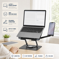 Support pour ordinateur portable et téléphone, support double écran, bras latéral pour téléphone, acier, 360° °   Base rotative pliable pour bureau et maison, en gros