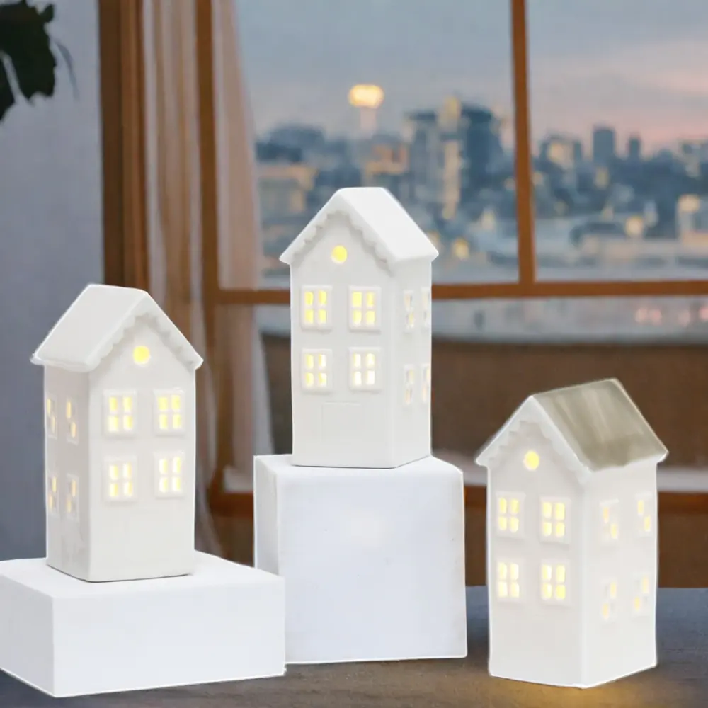 Beyaz porselen LED tutucu işıklı ev noel heykelcik ve oyuncaklar şenlikli durumlar için dekoratif seramik aydınlatma