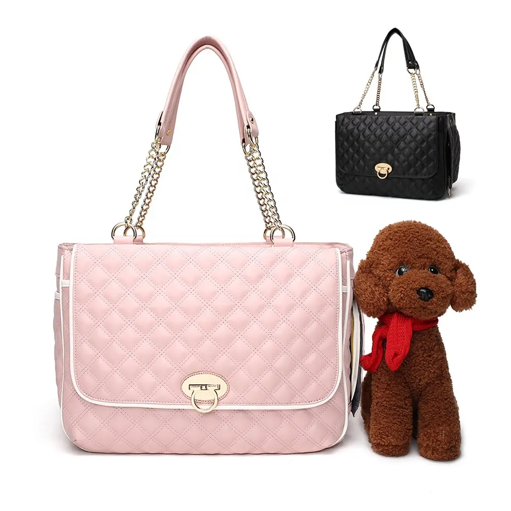 Luxe PU Diamant Treillis Rose Mignon Princesse Conception Dame Pet Sac À Main Petit Chien Transporteur Chat Sac D'extérieur