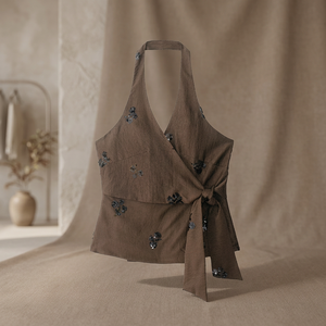 Women's Halter Tank <b>Top</b> Floral Embroidery Woven Bohemian Style Wrap Front Brown - Product Image 4
