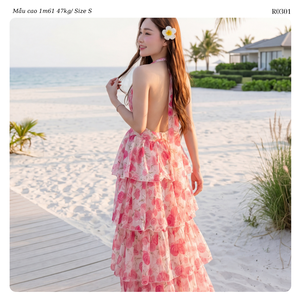 Women Floral Chiffon Tiered Maxi <b>Dress</b> Halter Neck A-Line <b>Summer</b> <b>Boho</b> Style Breathable Sleeveless Long Flowy ODM Vietnam - Product Image 5