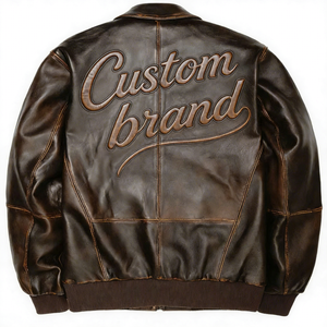 جاكيت طيار من الجلد الطبيعي بتصميم مخصص، جاكيت بومبر من جلد الحملان البني المعتق، تصميم مطرز حسب الطلب - Product Image 1