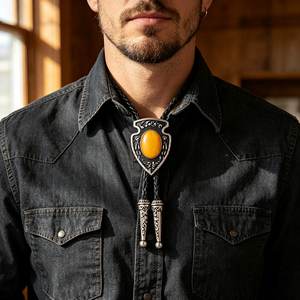Bolo Tie Western Vintage pour Homme, avec Pendentif Flèche et Bouclier en Pierre d'Ambre, en Métal Gravé, Cordon en Cuir Tressé, Bijou Décontracté pour Chemise - Product Image 6