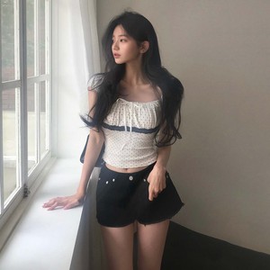 Polka Dot Square Neck Short <b>Sleeve</b> Knit T-Shirt Top with Color Block <b>Lace</b> Trim Sweet Casual Fashion Style - Product Image 6