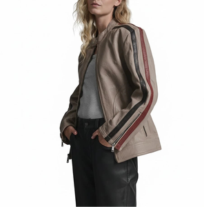 Veste de course en peau de mouton de qualité supérieure pour femmes, beige foncé, respirante, décontractée, veste d'hiver, logo personnalisable |   Cuir véritable de luxe - Product Image 2