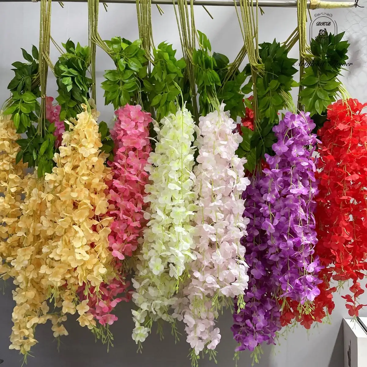 DKB Wholesale Artificial Wisteria Flower Long Stem Hanging Silk Flower For Wedding Home Flower Wall Decoration