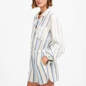 ชุดลำลองชายหาดผ้าลินินแฟชั่นใหม่สำหรับฤดูร้อน ขายส่ง เสื้อแขนยาวพร้อมกางเกงขาสั้นลายทาง ชุดเซ็ต 2 ชิ้นสำหรับผู้หญิง ระบายอากาศได้ดี - Product Image 2