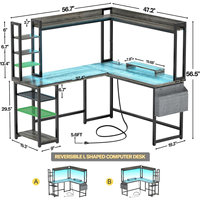 Table de jeu d'ordinateur d'angle AJUNION, table d'ordinateur avec étagères, bureau de jeu avec gestion des câbles, éclairage LED, mobilier de jeu