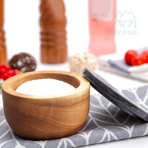 Condimentos de madera de acacia grandes Condimentos Pellizco Tazón de sal Especias con tapa de mármol negro - Product Image 5