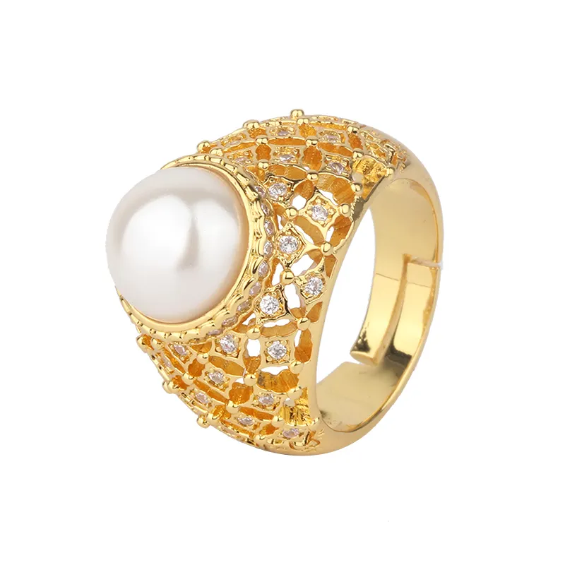 Cincin Wanita desain unik, zirkon berongga bertatah emas dapat disesuaikan mutiara putih Chunky indeks cincin jari perhiasan mewah