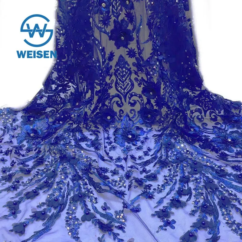 Floral Embroidered Embroidery New Design Tulle Royal Blue 3D Lace Fabric