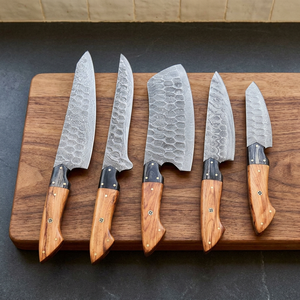 Juego de Cuchillos de Chef de 5 Piezas de Acero de Damasco Forjado a Mano de BK Industries, Hojas de Corte Recto Ambidiestras, Madera de Olivo - Product Image 6