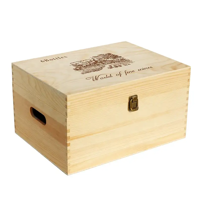 Hot Sales Vintage Brown Wood Wine Gift Box For 6 Bottle Wooden Boxes With Hinged Lid