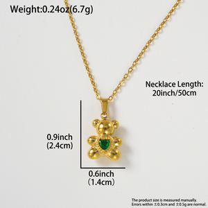 Collier pendentif en forme d'ours en peluche avec cœur vert, charme en pierre précieuse, luxe, personnalisable, en acier inoxydable 316L plaqué or 18 carats, chaîne fine en O - Product Image 6