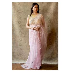 Saree en soie organza pure avec fil élégant Zari paillettes chemisier long de Style indien pour les mariages et les fêtes des femmes - Product Image 1