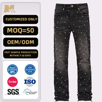 Jean évasé empilé pour homme, noir dégradé, entièrement orné de strass, pantalon en denim de luxe, streetwear, vente en gros OEM ODM
