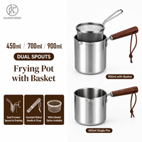 Fritadeira Mini de Aço Inoxidável 304 HC Atacado 450-900ml com Cabo de Madeira, Panela de Tempura com Cesto OEM 5pçs para Casa e Varejo
