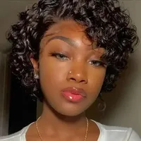 Nouvelle Perruque Courte Bouclée Pixie en Dentelle, Cheveux Humains 100%, Couleur Naturelle, Boucles Pixie, Perruque Pixie à Raie en T pour Fournisseurs