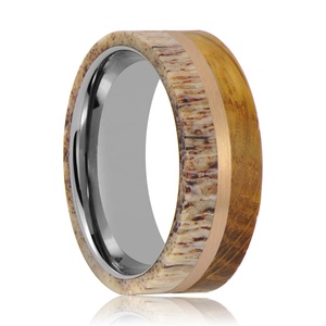 Real Deer Antler and Whiskey Barrel <strong>Wood</strong> <strong>Inlaid</strong> Men's Tungsten Wedding Ring - Product Image 1