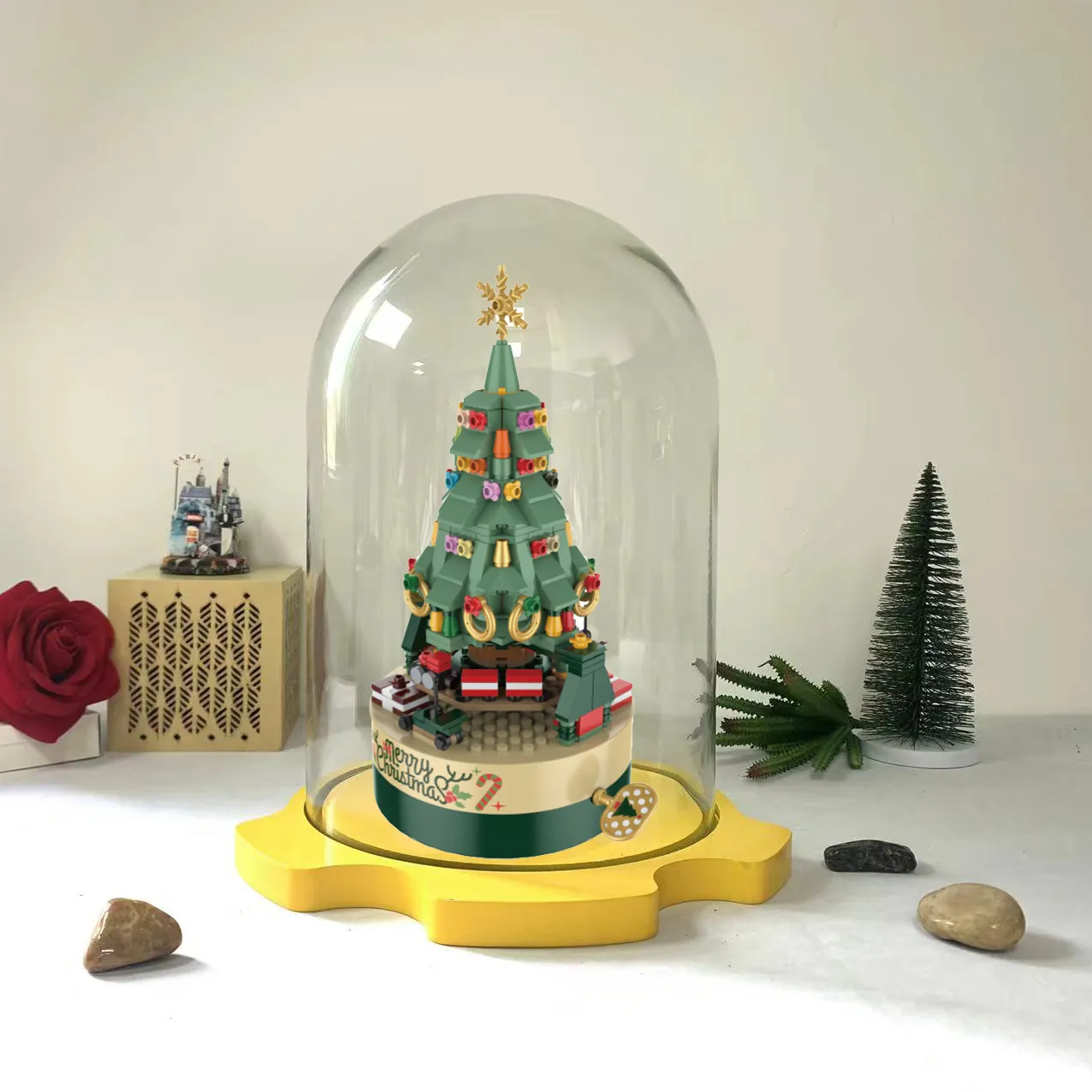 Vente en gros de grande fleur transparente de haute qualité pour bijoux décoratifs base en bois de Noël cloche dôme d'affichage en verre