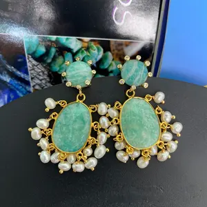 A766 amazing fashion natural stone amazonite stone earrings cute pearl drop studs earrings women jewelry