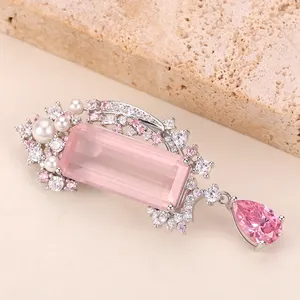 Broche de quartzo rosa com corte esmeralda c9402, broche de pedra multicolorida de 12x27mm para mulher elegante, prata esterlina 925