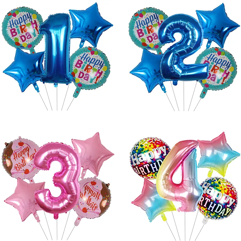 5 PCS Balloon Set With 18 Inch Round Happy Birthday Balloon Number Foil Balloon For Birthday Decoration
