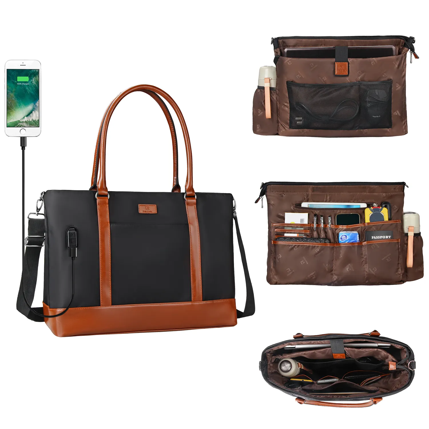 Relavel Black Brown Laptop Tote Bag for Men and Women Teacher School USB Briefcase Travel Fits 17.1 inch laptop Handbags