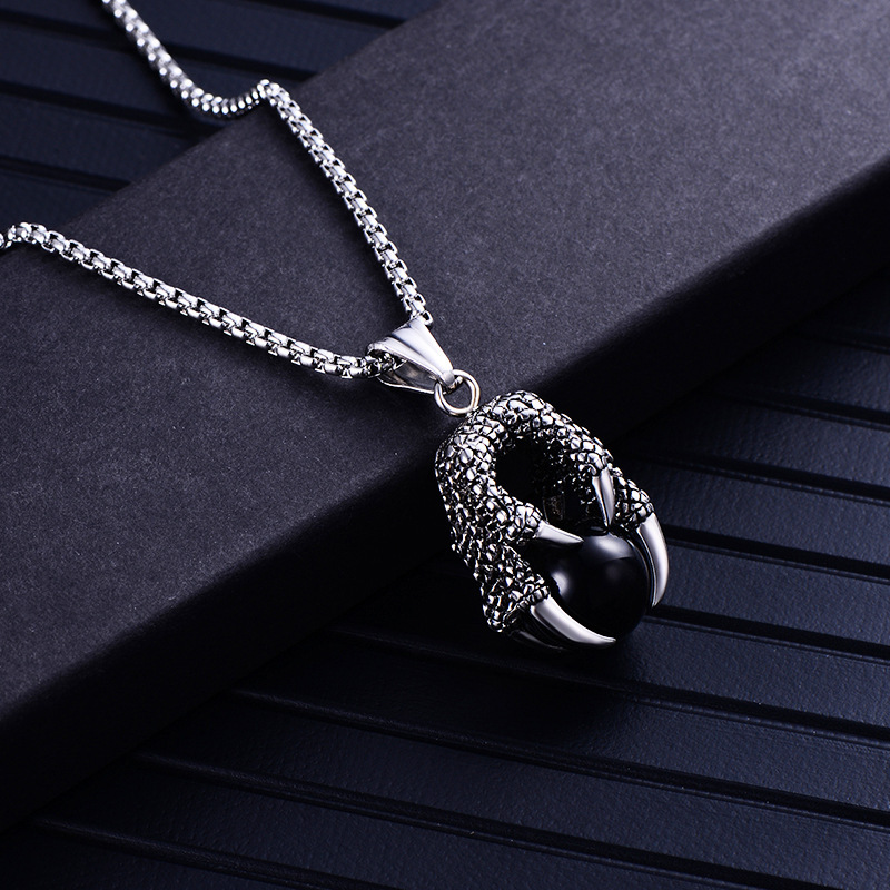Stainless Steel Gothic Dragon Claw Pendant Necklace With Black Ball – Halloween Jewelry Gift