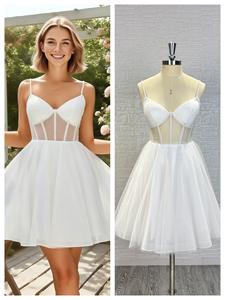 LY-PD0147 abiti da sera moderni da donna Sexy senza maniche al ginocchio abiti da festa scollo a V corsetto in Chiffon gonna da ballo naturale - Product Image 2