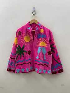 Bohemian Style <b>Velvet</b> Suzani Embroidered Animal Print Cotton Filled Winter Breathable Woven <b>Jacket</b> OEM Private Label India - Product Image 1